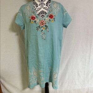 Johnny Was Assa Linen Draped Tunic Dress teal Linen V-Neck Floral Embroidery EUC